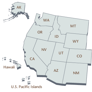 An outline map for all projects of the western half of the United States, including Alaska, Hawaii, and the U.S Pacific Islands